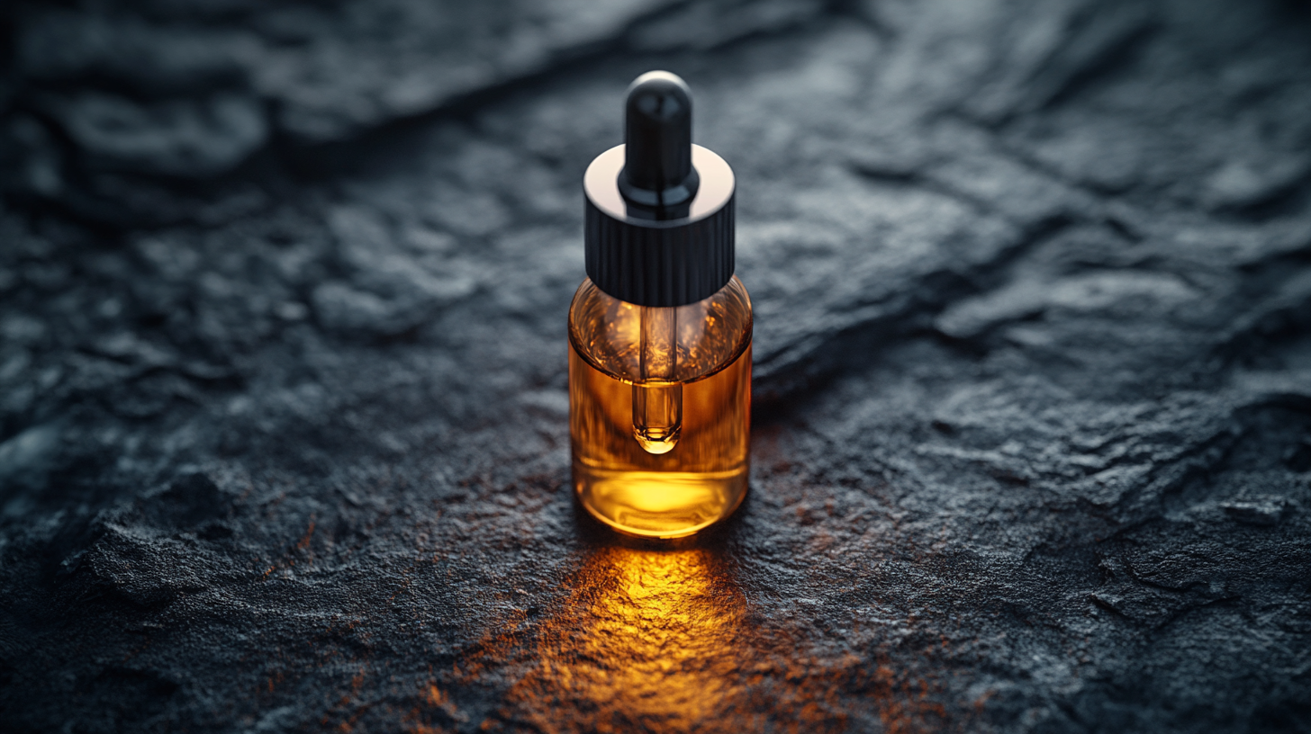 Glass dropper bottle with golden serum on dark stone surface