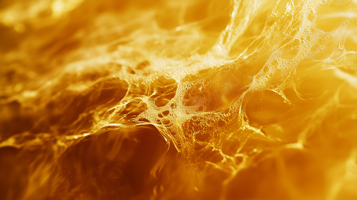 Abstract macro of translucent golden liquid forming organic shapes
