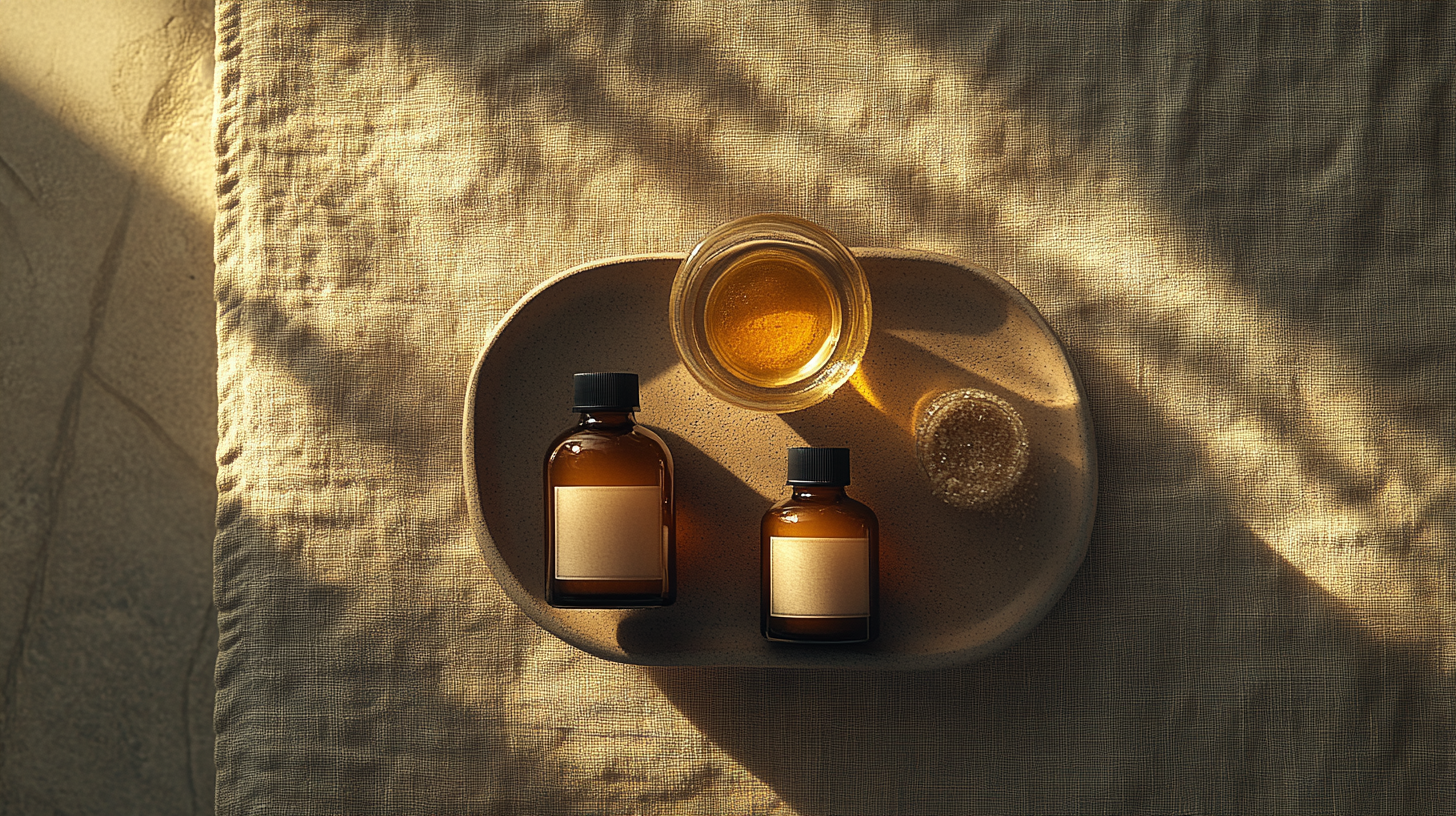 Minimalist skincare products flatlay on warm linen surface