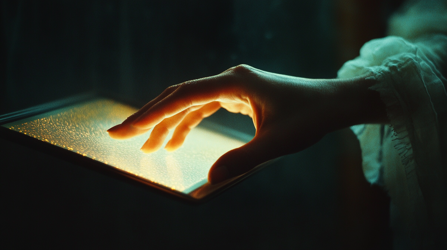 Hand reaching toward softly glowing screen in a dark room