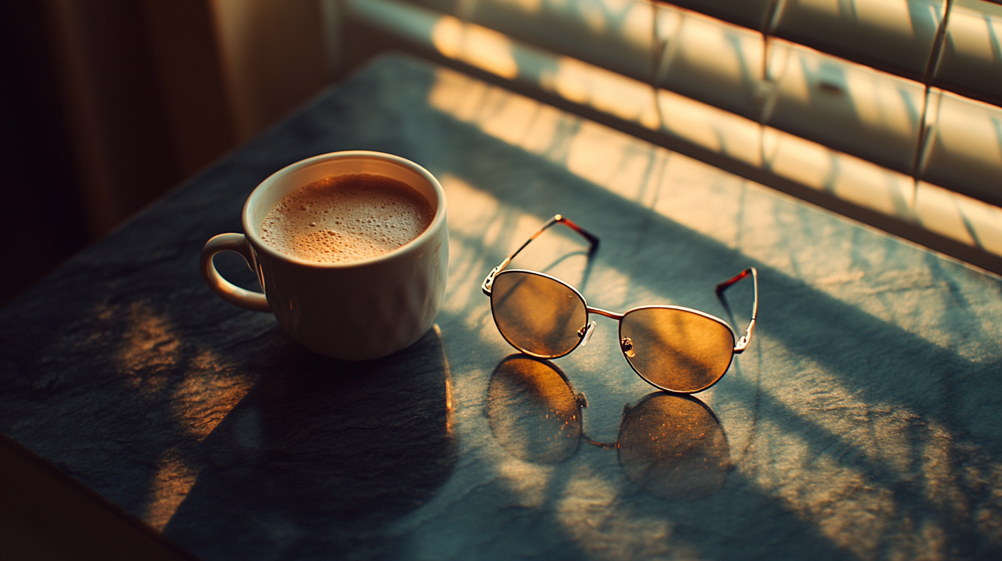 Eyeglasses on dark marble beside espresso cup