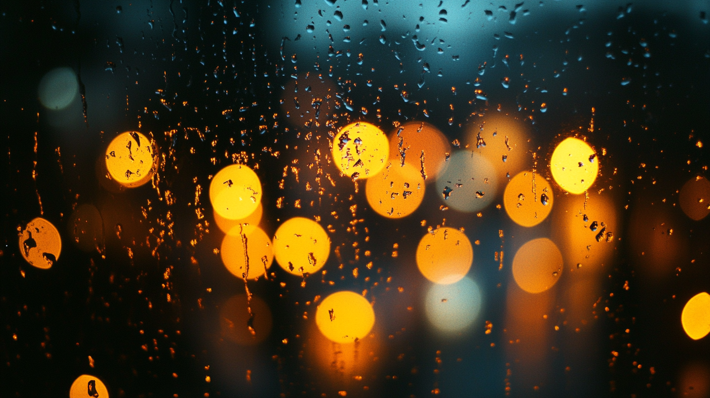 Woman looking through rain-streaked window wearing architectural eyeglasses