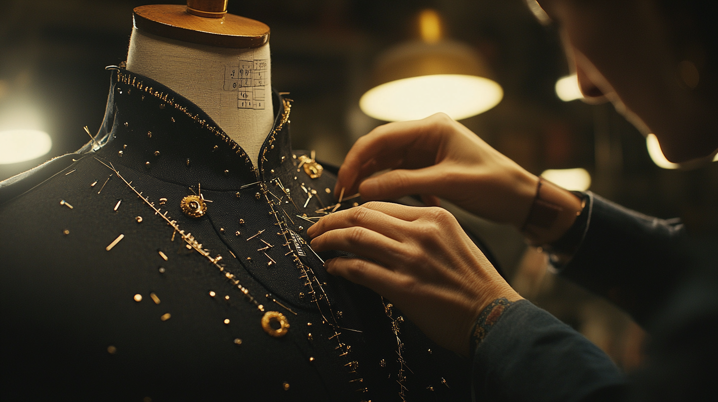Hands adjusting a garment on a dress form