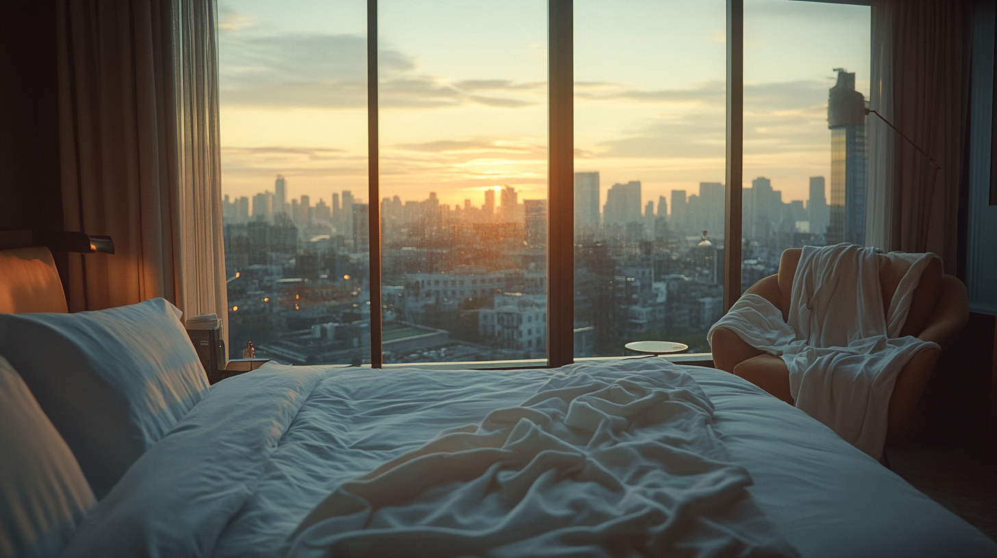 Hotel room at golden hour with rumpled white linen bed and cityscape sunset
