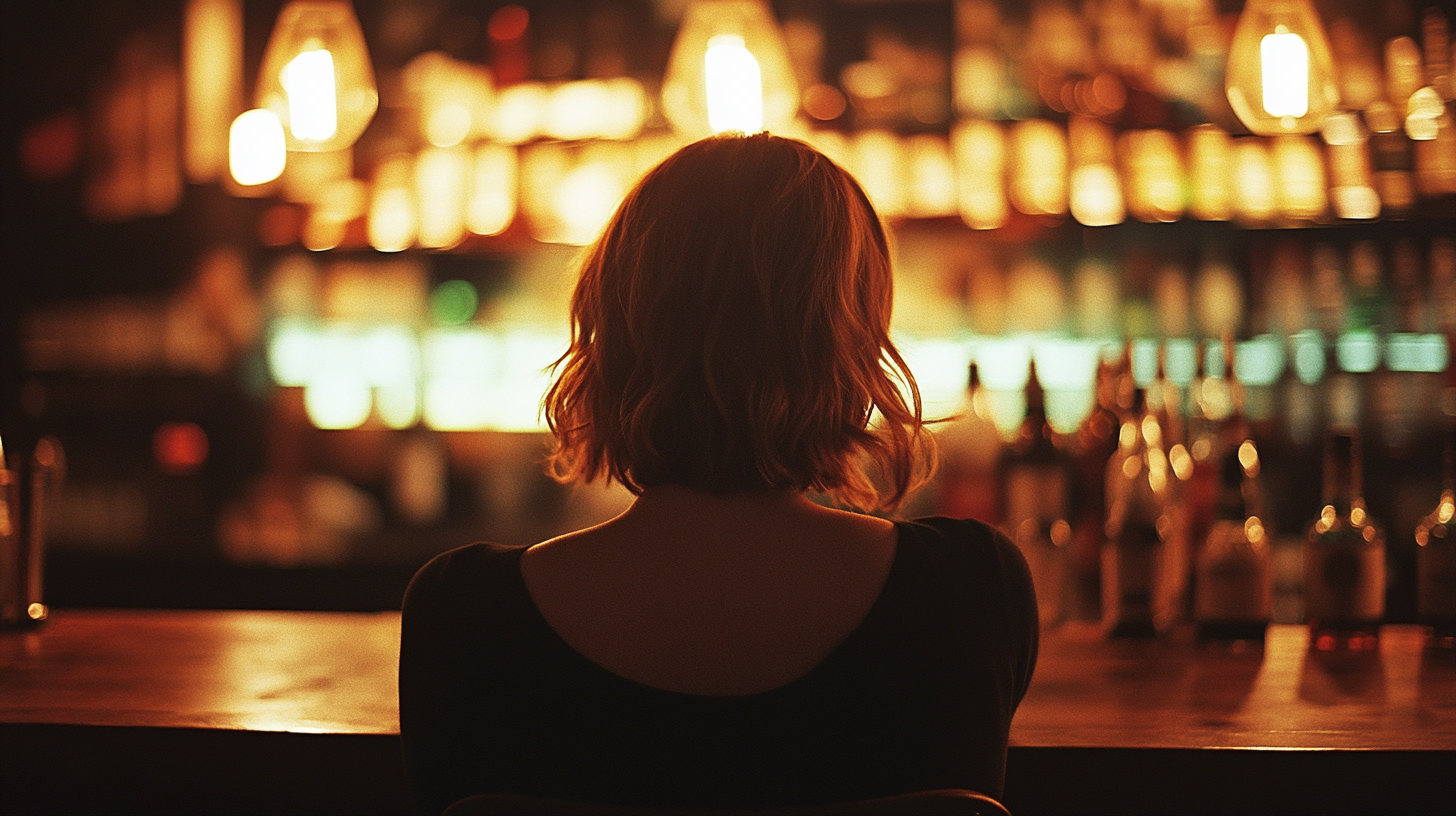 Woman sitting alone at boutique hotel bar in warm amber lighting