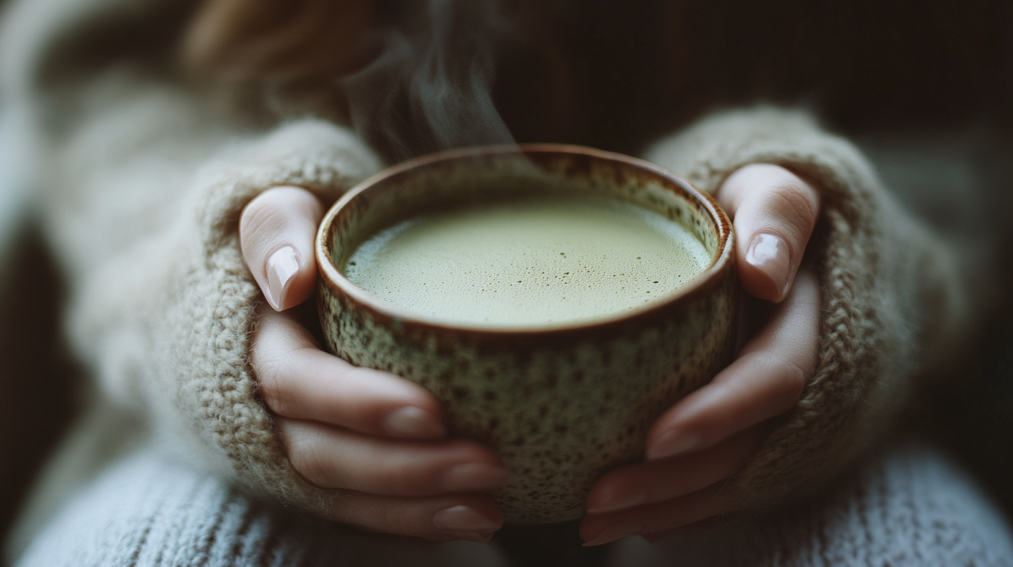 Hands holding a warm ceramic cup of matcha in morning light