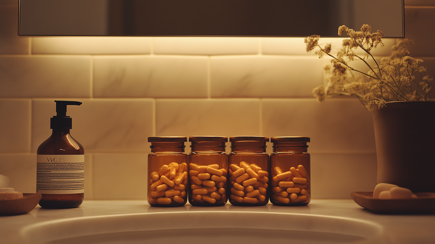 Minimalist bathroom vanity with supplements in amber glass jars