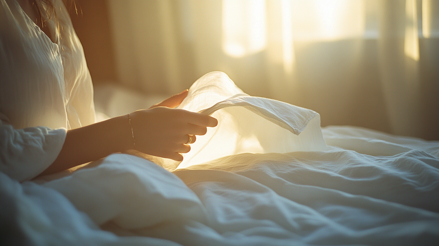 Woman checking her wrist in soft morning light by floor-to-ceiling window
