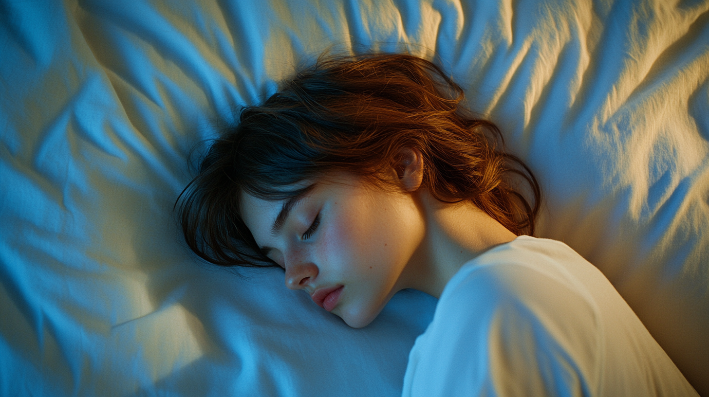 Woman sleeping peacefully in white linen sheets at pre-dawn